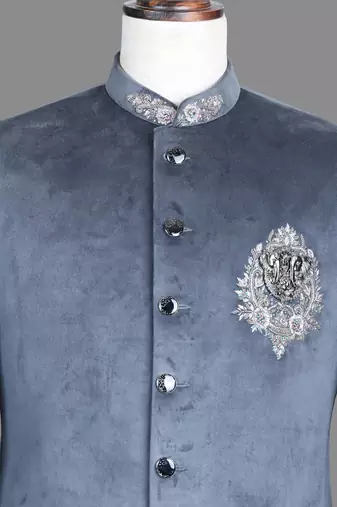 Blue suede embroidered nehru jacket for men