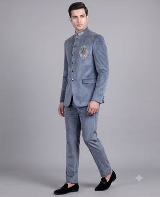 Blue suede embroidered bandhgala suit for men 1