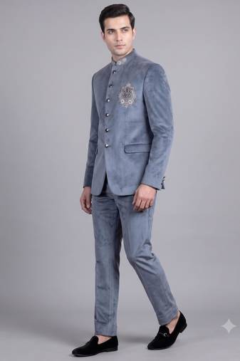 Blue suede embroidered bandhgala suit for men