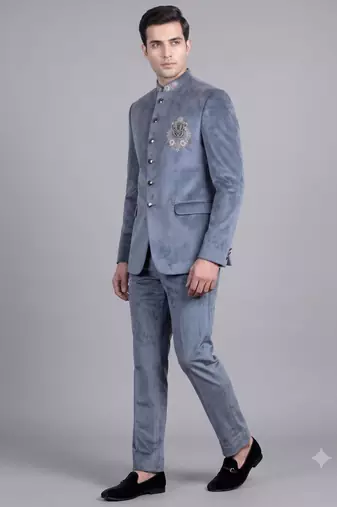 Blue suede embroidered bandhgala suit for men