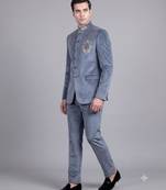 Blue suede embroidered bandhgala suit for men