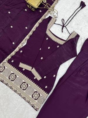 Wine roman  silk embroidery party wear sharara suit set 5