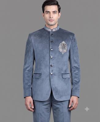 Blue suede embroidered bandhgala suit for men 2