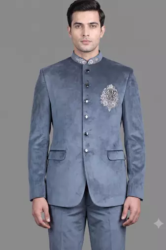 Blue suede embroidered bandhgala suit for men