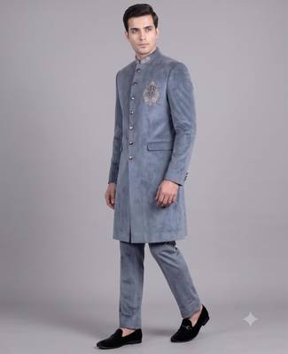 Blue suede embroidered nawabi suit for men 1