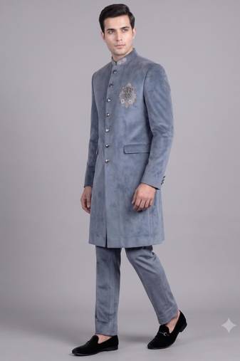 Blue suede embroidered nawabi suit for men