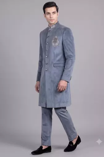 Blue suede embroidered nawabi suit for men