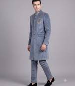 Blue suede embroidered nawabi suit for men