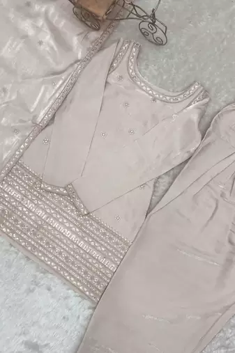 Cream roman silk embroidery party wear sharara suit set