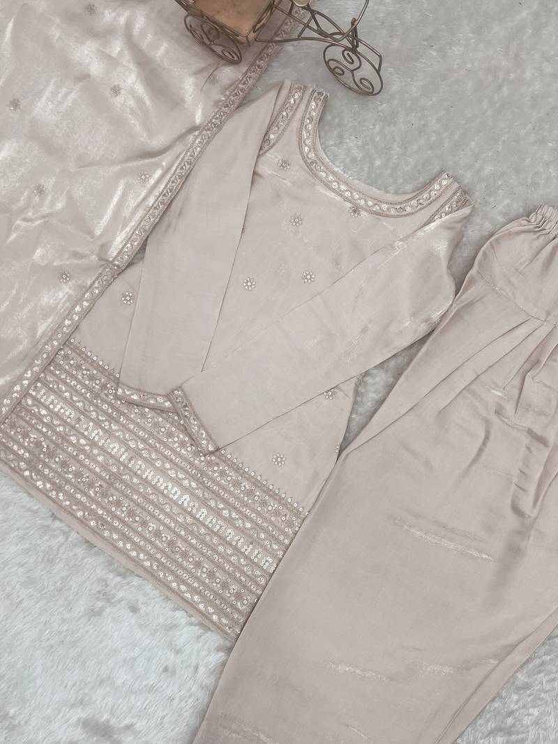 Cream roman silk embroidery party wear sharara suit set