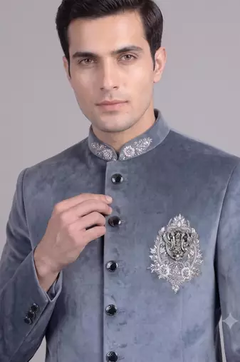 Blue suede embroidered nawabi suit for men