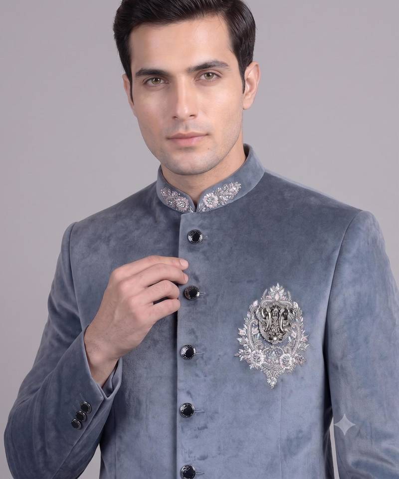 Blue suede embroidered nawabi suit for men