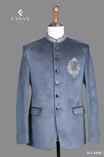 Blue suede embroidered nawabi suit for men