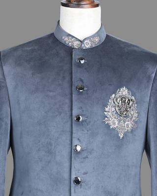 Blue suede embroidered nawabi suit for men 4