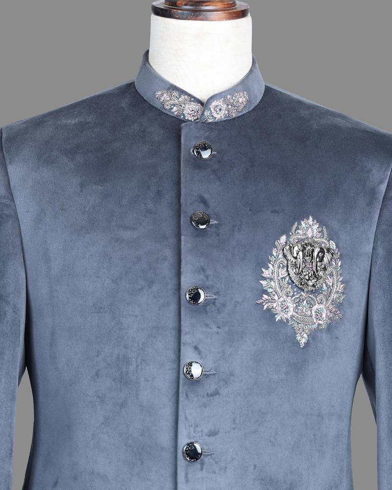 Blue suede embroidered nawabi suit for men