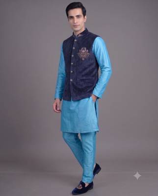 Navy blue suede embroidered nehru jacket for men 1