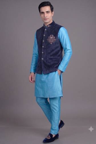 Navy blue suede embroidered nehru jacket for men