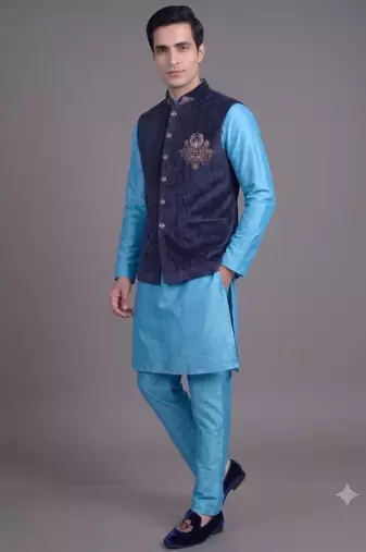 Navy blue suede embroidered nehru jacket for men