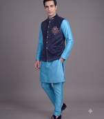 Navy blue suede embroidered nehru jacket for men
