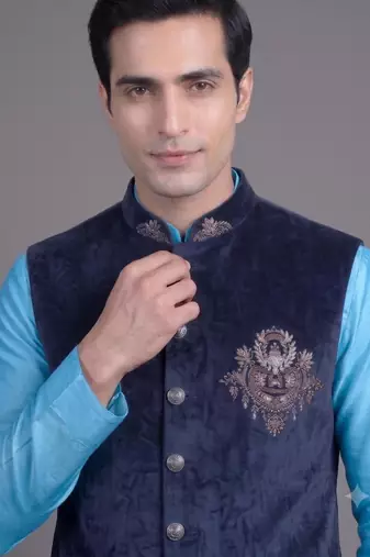 Navy blue suede embroidered nehru jacket for men