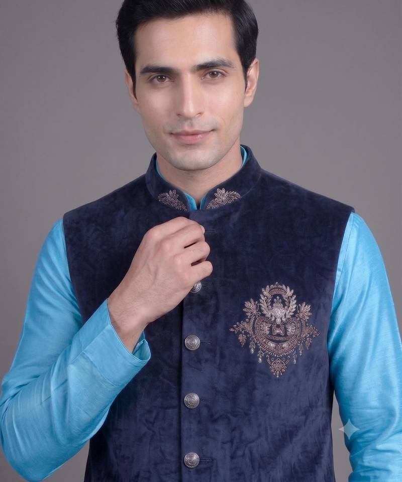 Navy blue suede embroidered nehru jacket for men