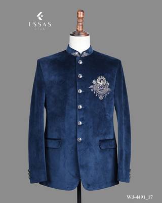 Navy blue suede embroidered nehru jacket for men 3