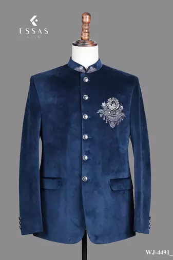 Navy blue suede embroidered nehru jacket for men