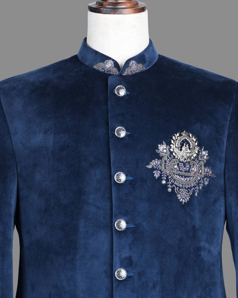 Navy blue suede embroidered nehru jacket for men