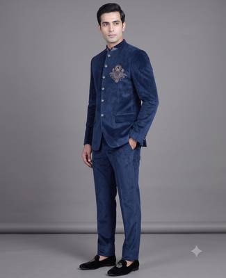 Navy blue suede embroidered bandhgala suit for men 1