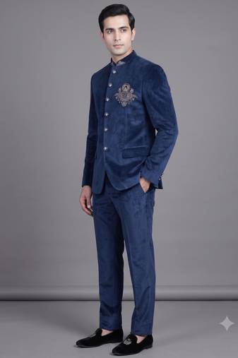 Navy blue suede embroidered bandhgala suit for men