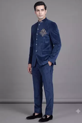 Navy blue suede embroidered bandhgala suit for men
