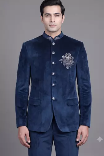 Navy blue suede embroidered bandhgala suit for men