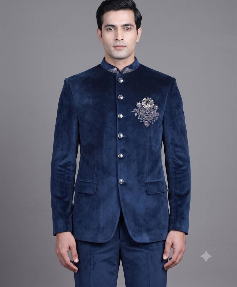 Navy blue suede embroidered bandhgala suit for men