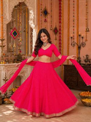 PINK LEHERIYA PRINT GEORGETTE LEHENGA CHOLI DUPATTA 5