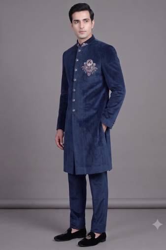 Navy blue suede embroidered nawabi suit for men