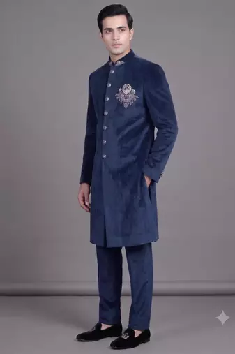 Navy blue suede embroidered nawabi suit for men