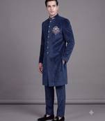 Navy blue suede embroidered nawabi suit for men