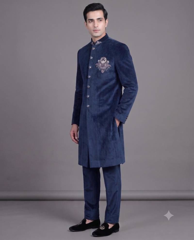 Navy blue suede embroidered nawabi suit for men
