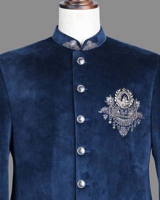 Navy blue suede embroidered nawabi suit for men 4