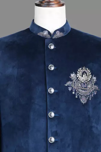 Navy blue suede embroidered nawabi suit for men