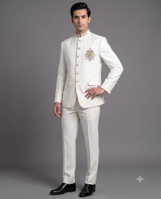 Ivory white embroidered bandhgala suit for men 1