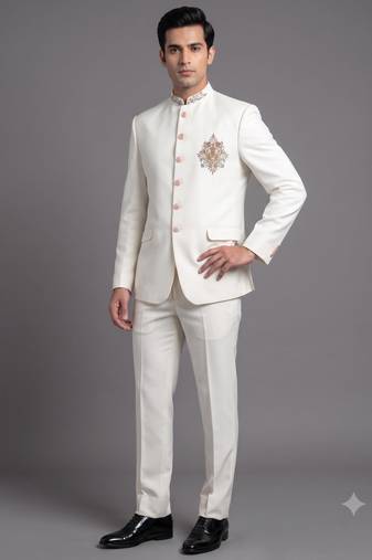 Ivory white embroidered bandhgala suit for men