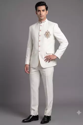 Ivory white embroidered bandhgala suit for men