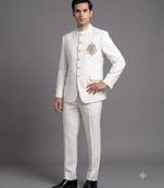 Ivory white embroidered bandhgala suit for men