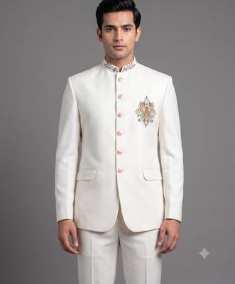 Ivory white embroidered bandhgala suit for men 2