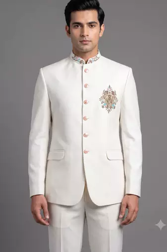 Ivory white embroidered bandhgala suit for men