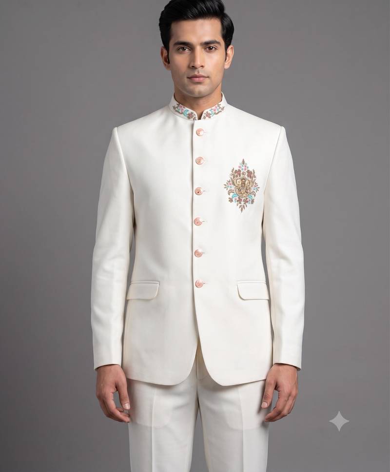 Ivory white embroidered bandhgala suit for men