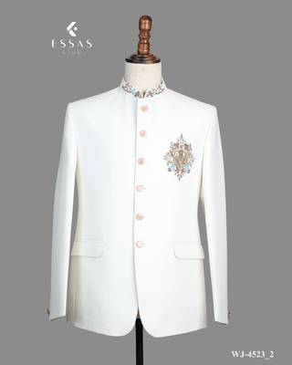 Ivory white embroidered bandhgala suit for men 3