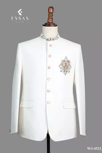 Ivory white embroidered bandhgala suit for men
