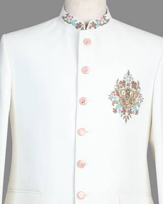 Ivory white embroidered bandhgala suit for men 4